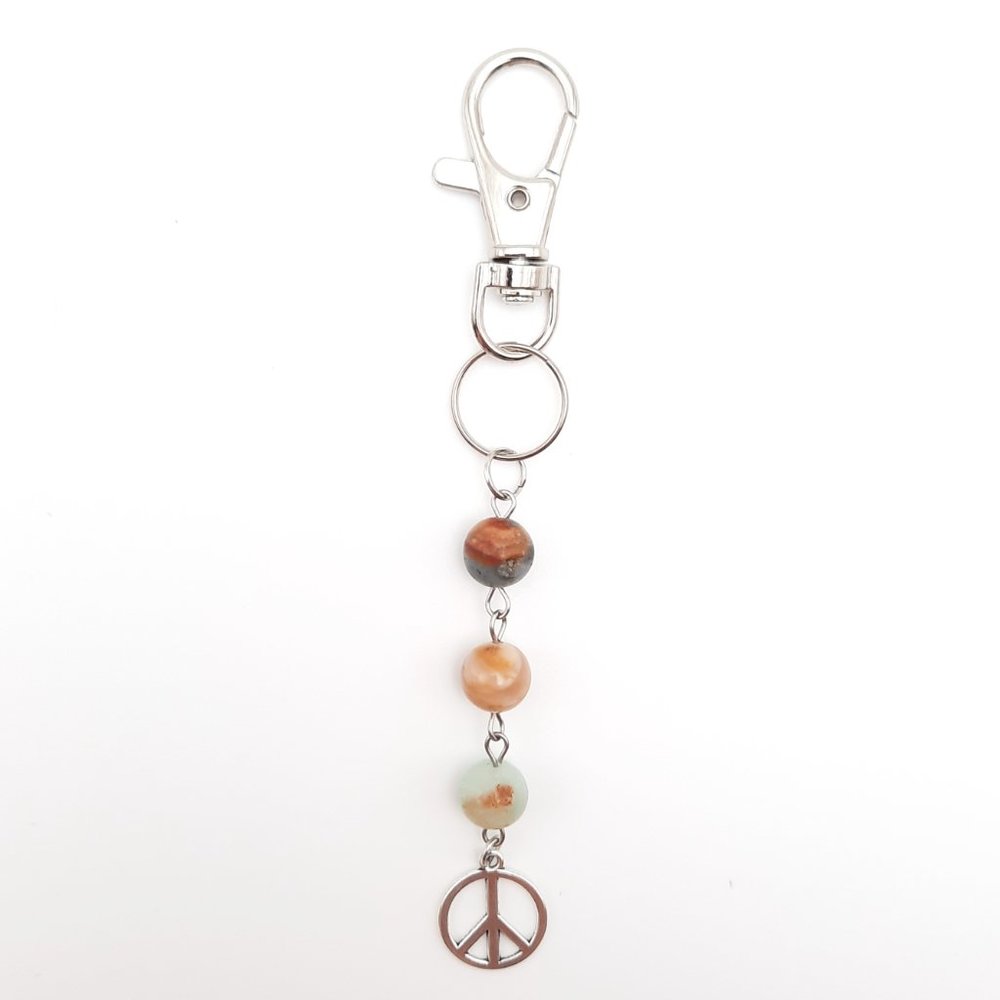 Peace Sign Amazonite Sunstone Chakra Gemstone Keychain Handmade Accessory